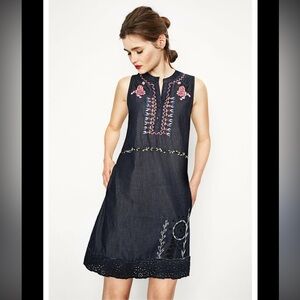 Desigual Denim Embroidered Sleeveless Mini Dress